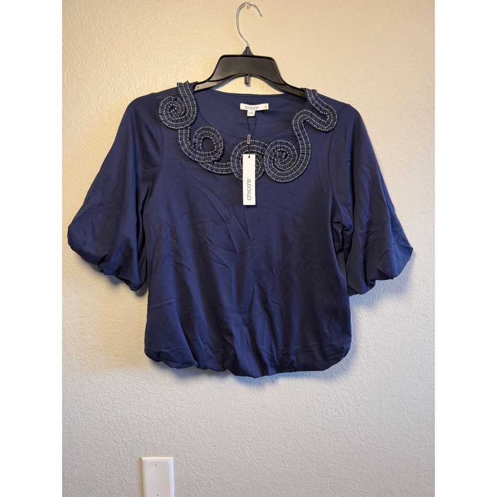 Chicos Navy Blue Ruffle Neck Puff Sleeve Bubble Hem Blouse Top Size 1 M NWT